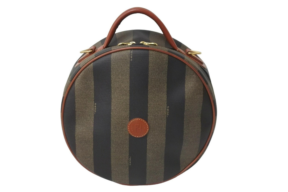 Fendi Pequin Round Handbag Brown Black Leather Canvas